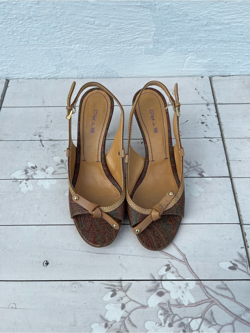Etro Brown Paisley Leather Slingback Heels